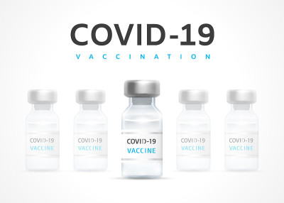 COVID-19疫苗接种旗帜。疫苗瓶排成一排，中间有一个被选中。疫苗接种运动的概念。抗击冠状病毒Sa