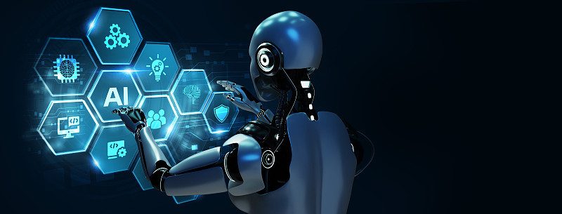 人工智能(AI)、机器学习和现代计算机技术的概念。机器人在虚拟屏幕上按按钮。三维渲染