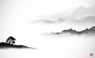 景观与雾林山。传统的东方水墨画粟娥、月仙、围棋。象形文字——禅