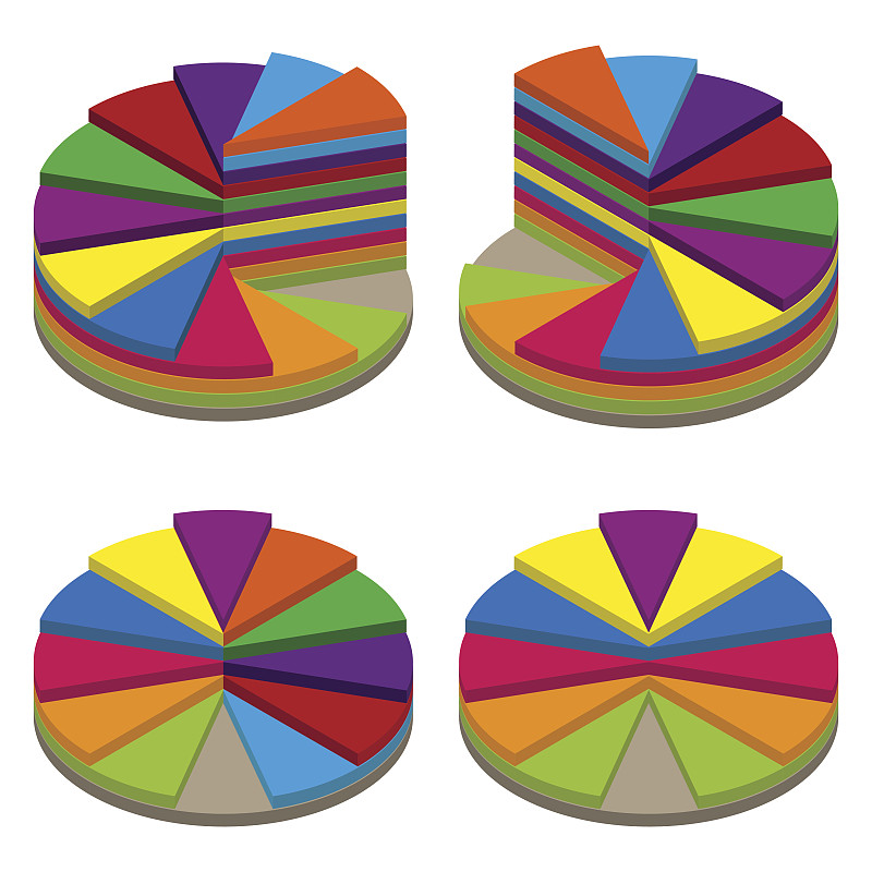 一套彩色的等距饼图。模板扇形图形在3D风格。彩色的体积元素的信息图