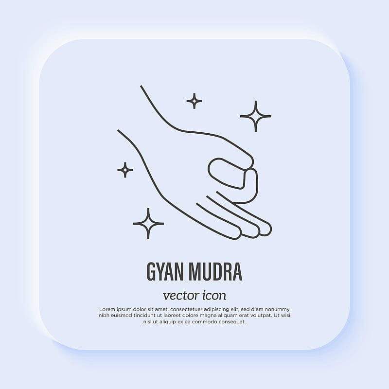 Gyan mudra，瑜伽手势。细线图标。象征专注、平静、宁静。矢量插图。