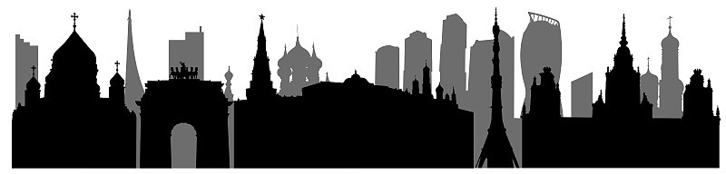 俄罗斯莫斯科的剪影，城市地标的全景。矢量图