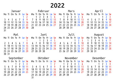 2022年日历，挪威，周一