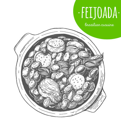 Feijoada俯视图矢量插图。巴西菜。线性图形。-