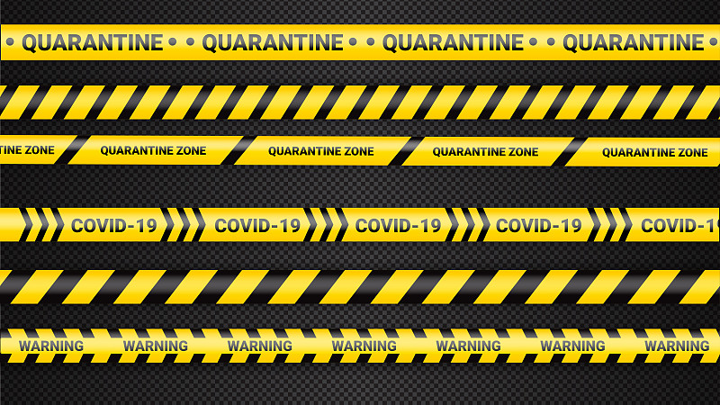 检疫危险磁带。Covid - 19和隔离区黄色警告带。冠状病毒的危险条纹在黑色透明的背景上。安全警告