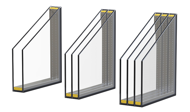 双层、三层和四层窗户采用隔热玻璃。3D渲染，孤立在白色背景上。
