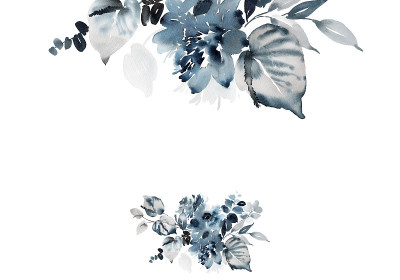 水彩画卡与一束鲜花在靛蓝