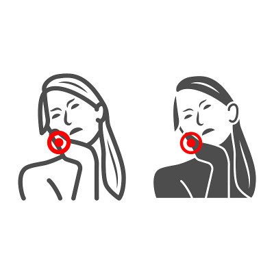 女人牙齿伤害线和固体图标，身体疼痛概念，人有牙痛矢量标志在白色背景，轮廓风格图标为移动概念和网页设计
