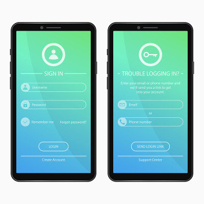 登录页面和忘记密码表单设计的手机应用程序。用户界面模板的智能手机应用程序。UI, GUI和UX网站元