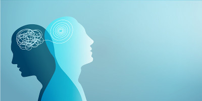 隐喻双相情感障碍。双面。人格分裂。情绪障碍的概念。心理学。双重人格的概念。2头轮廓。心理健康。混乱和