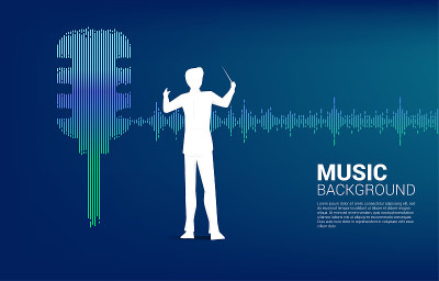 矢量剪影的指挥家与吉他声波音乐均衡器背景。