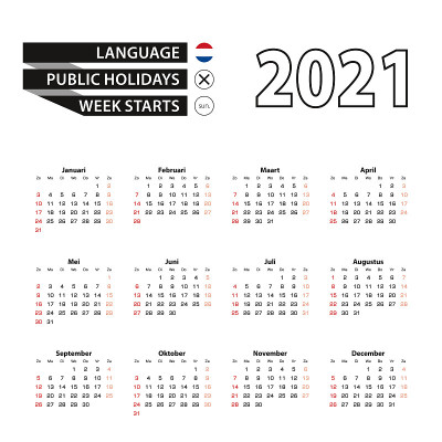 荷兰语日历:2021年，周日开始一周。