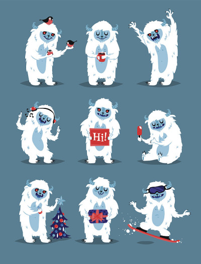 可爱的雪人，可恶的雪人，大脚野人，大脚怪的性格像人向量集
