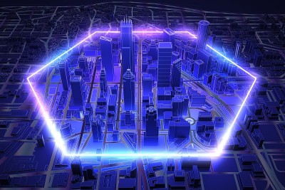 霓虹灯六边形在黑暗的城市鸟瞰图