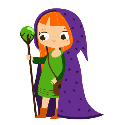 万圣节的魔术师女孩用魔法水晶球。儿童插图