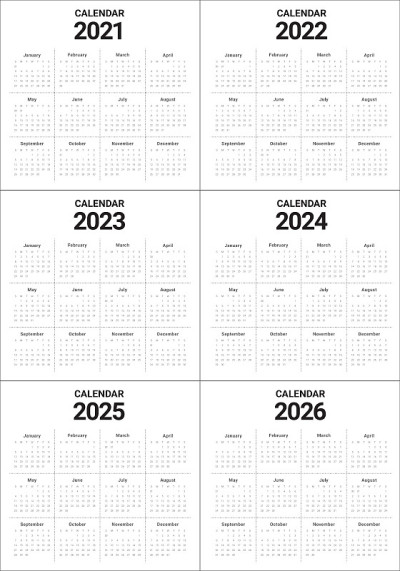 2021年2022年2023年2024年2025年2026年日历矢量设计模板
