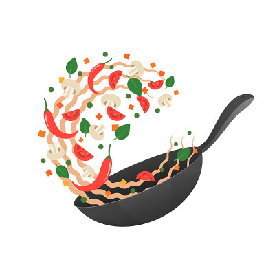 炒菜。烹饪过程矢量图。在平底锅里翻亚洲面条。卡通风格。