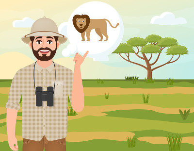 Happy man in cork hat, animal hunter thinks非洲狮，狩猎景