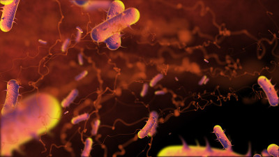 显微镜下红血球和病毒细菌、感染三维渲染、医疗保健、医学科学概念。血液中的粒子，人体科学生物学