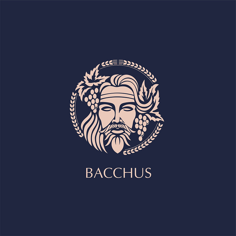 Man face  with grape berries and leaves. Bacchus o