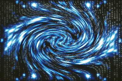 蓝色矩阵数字背景。扭曲的网络空间的概念。人物落入虫洞。入侵矩阵。虚拟现实设计。复杂的算法数据黑客。青