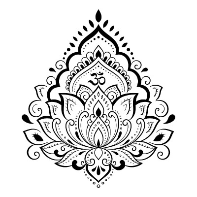 莲花曼海蒂花图案的指甲花绘画和纹身。东方、印度风格的装饰。涂鸦装饰。轮廓手绘矢量插图。咒语Om符号。