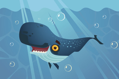 Happy smiling great blue whale character swims und