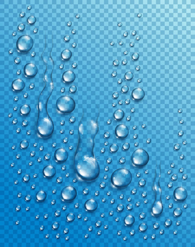 水雨滴或凝结在淋浴现实透明的3d矢量合成透明检查网格，容易放在任何背景或单独使用水滴。