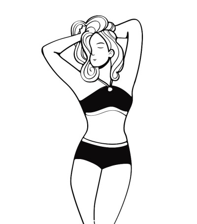 黑白插图女子泳装，轮廓设计形象