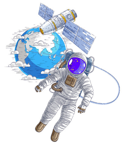 宇航员进入了开放的太空，在背景中与空间站和地球相连，宇航员漂浮在失重状态下，身后是太阳能电池板。向量