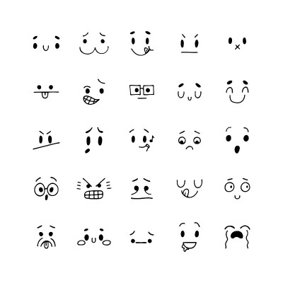 手绘有趣的笑脸。素描面部表情集。卡通情感人物的集合。Emoji图标。快乐卡哇伊风格