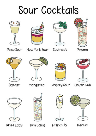 精选集经典的著名酸鸡尾酒，如威士忌或纽约酸，Clover Club, Paloma, Margari