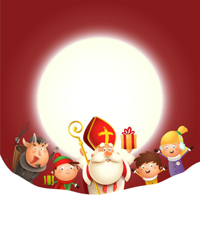 圣诞老人和孩子们在月亮红色的背景前庆祝节日