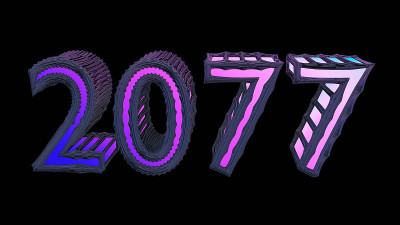 数字和年份“2077”，字母看起来像科幻小说。3 d渲染。