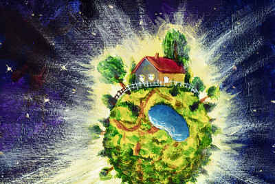 为童话故事和书绘制插图-小舒适的绿色星球与村庄房屋。奇幻油画、小王子星球奇幻概念艺术