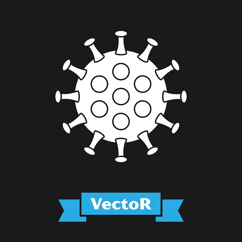 白色病毒图标隔离在黑色背景上。2019 - ncov冠状病毒。细菌和细菌，细胞癌，微生物，真菌。矢量