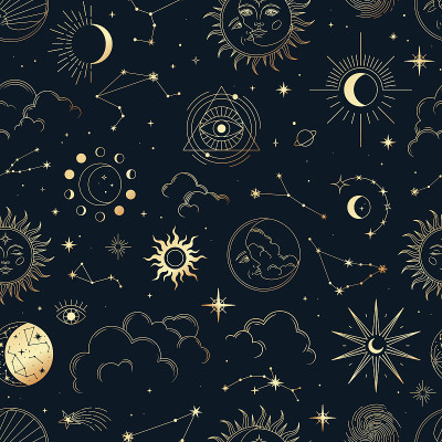 矢量魔术无缝图案与星座，太阳，月亮，魔法眼睛，云彩和星星。