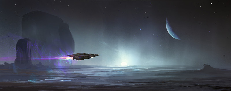 人类飞机在外星星球的荒地上航行，3D插图。