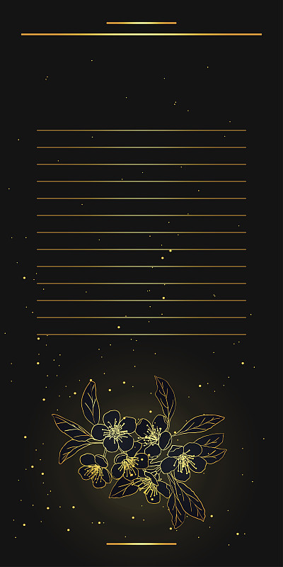 带有樱花图案的卡片。金色盛开的樱桃在夜空中。灯和星星。矢量插图。eps 10。