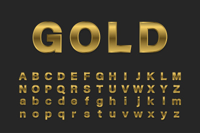 金字金属字母，金字金属效果铅字集矢量光泽插图。