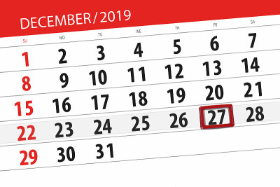 2019年12月的日历计划，截止日期，27日，周五