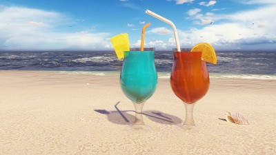 沙滩上美丽的玻璃杯和鸡尾酒，被海浪冲刷。三维渲染