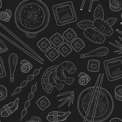 日本食物无缝模式手绘黑板矢量插图