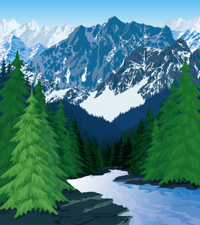矢量美丽的高山森林景观与河流