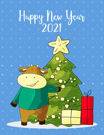 2021年新年快乐儿童插图。中国新年2021年是牛年