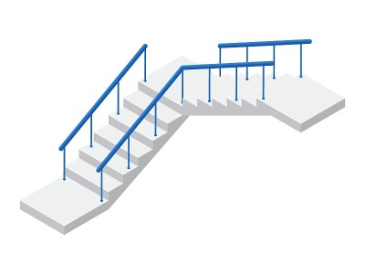 矢量插图混凝土楼梯孤立在白色的背景。工业飞行的楼梯图标在等距视图。现代楼梯与蓝色金属栏杆和转向在平坦