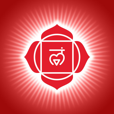 脉轮muladhara。红色闪光的瑜伽符号。Om符号。骶图标