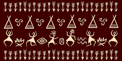 古代部落的传统仪式和符号。古代人们围绕着火、住所、箭跳舞。矢量边界。