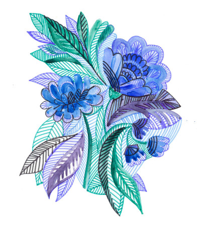 植物插图，水彩束蓝色花，玫瑰和牡丹