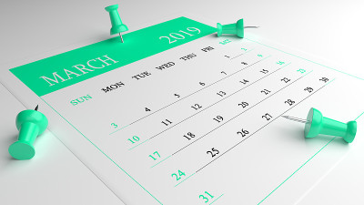绿松石三月日历2019年白色背景与绿松石别针